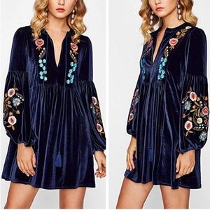 Boho velvet embroidered floral tunic dress (blue)